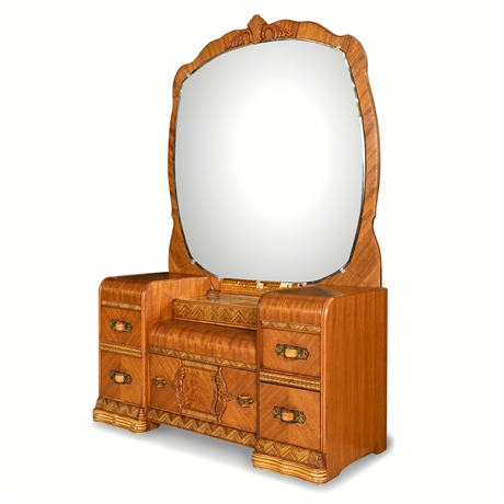 1930s Art Deco Waterfall Vanity with Mirror & Mosaic Tile Accent