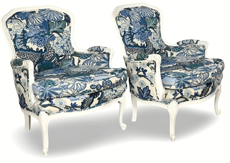 Pair of French-Style Armchairs with Custom Blue Floral Upholstery