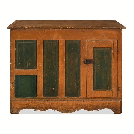 Painted Lift-Top Cupboard — Green & Pumpkin, Iron Latch, Antique