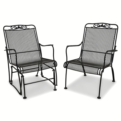 Scrollback Wrought Iron Mesh Patio Pairs — Vintage Rocker & Armchair