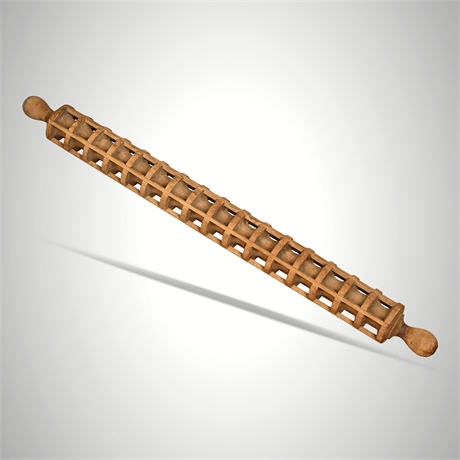 Antique Hand-Carved Wood Lattice Ravioli Rolling Pin, Folk Kitchen Tool