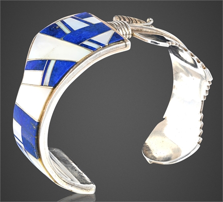 Vintage Sterling Silver Lapis & Mother of Pearl Inlay Cuff Bracelet –Signed V.V.