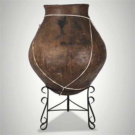 32lb Impressive Tarahumara Terracotta Vessel with Sinew on Iron Stand