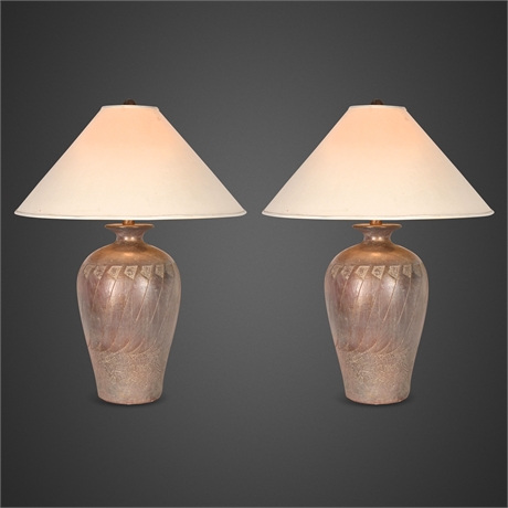 35" Feather Form Studio Pottery Lamp Pair – 3-Way Illumination