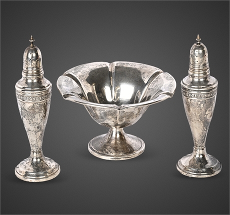Sterling Silver Salt, Pepper & Footed Bowl Set — Weighted, 20th C.