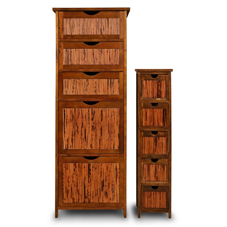 Pair of Bamboo-Front Mission-Style Tower Storage Cabinets, Tall & Slim
