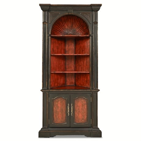 Hooker Seven Seas Corner Cabinet Hutch — Sunburst Arch, Oxblood Interior