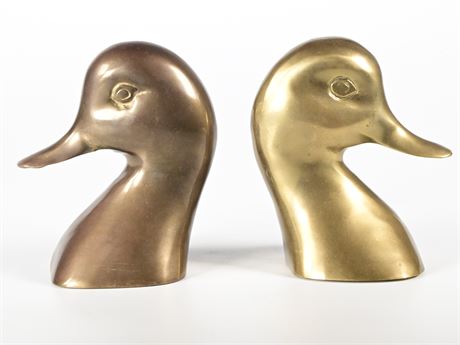 Vintage Mid-Century Solid Brass Duck Head Bookends