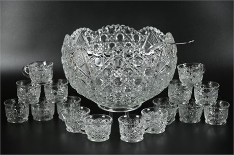 Antique L.E. Smith Glass Daisy and Button Punch Bowl Set