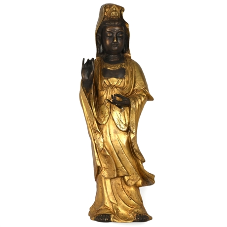 20th Century Gilded Bronze Guanyin Bodhisattva Statue - 22” Tall