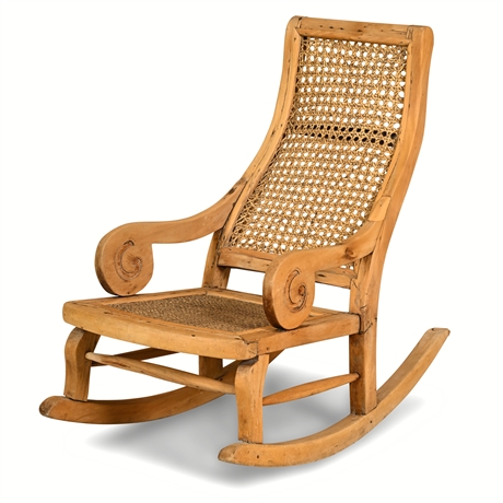 Antique Child's British Colonial Cane Rocking Chair — Scroll Arms