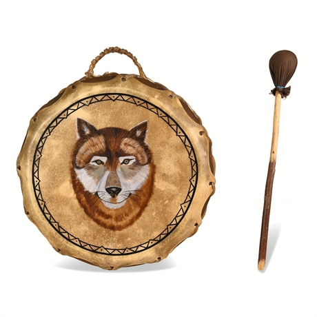 Hand-Painted Wolf Hide Drum with Beater — Maker Marked "5"