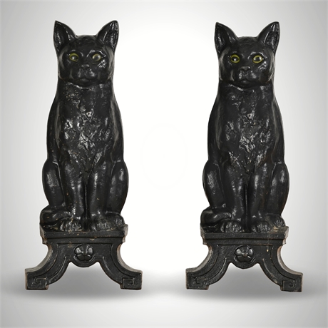 Antique Cast Iron Black Cat Andirons with Glass Eyes, Pair