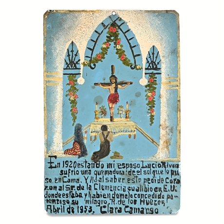 1953 Mexican Tin Retablo Ex-Voto — Señor de la Clemencia, Signed Clara Camargo