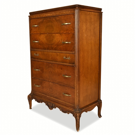1930s Louis XV Style Carved Walnut & Burl Highboy Chest of Drawers