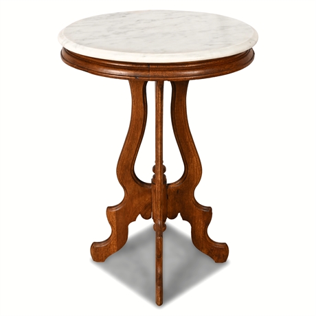 Victorian Marble-Top Walnut Parlor Table — Ornate Carved Base