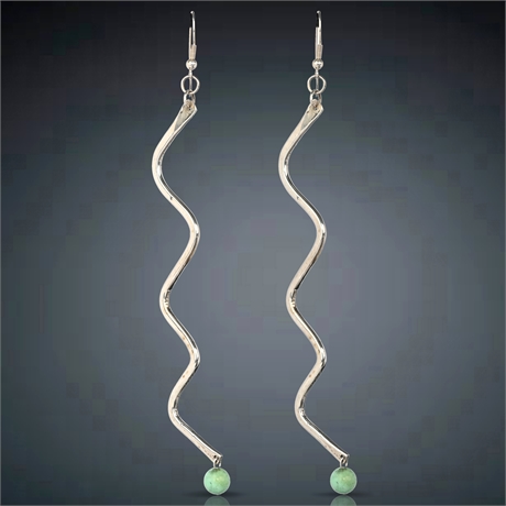 Modern Sterling Silver Zig-Zag Drop Earrings with Turquoise Bead Accents