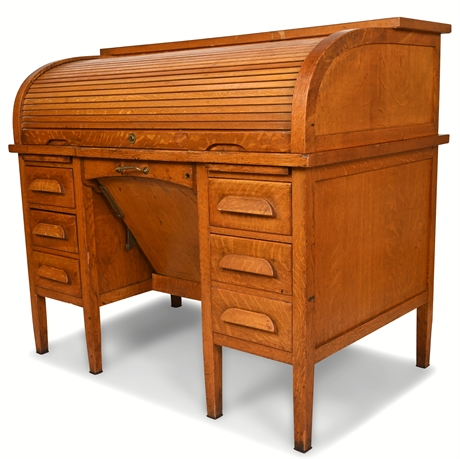 Oak Antique "C" Shape Office or Library Roll Top Desk by H&F Co