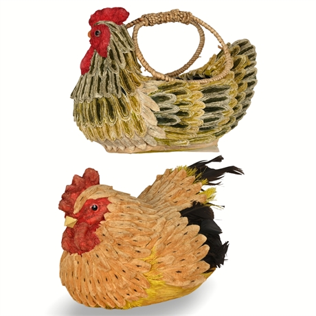 Pair Paper Mache Kitchen Rooster Baskets