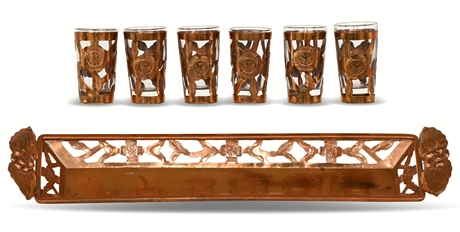 Vintage Mexican Pierced Openwork Copper Overlay Shot Glasses and Serving Tray