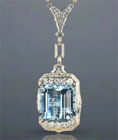 14K White Gold Aquamarine & Diamond Filigree Pendant Necklace