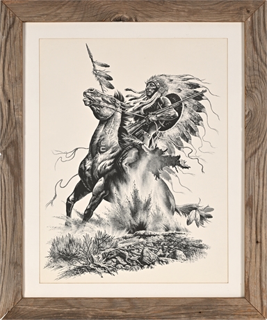 Bill O’Neill Native American Warrior Print — Reclaimed Barnwood Frame 29x24