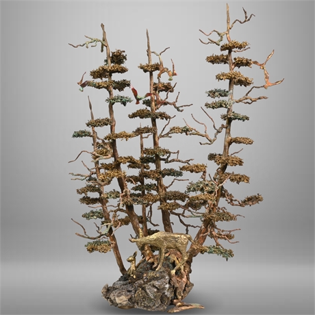 Martin Borja Bronze Deer Tree Birds Sculpture