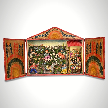Peruvian Retablo Ayacucho — Flower Market Scene, Signed