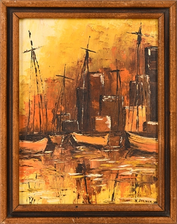 Judy Steiner Mid-Century Harbor Oil Painting, Signed