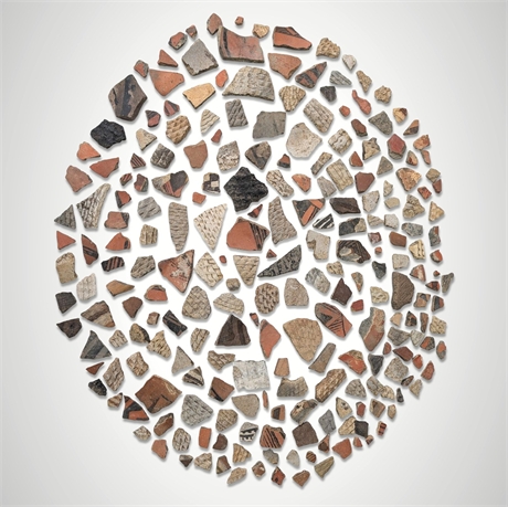Ancestral Puebloan Pottery Sherd Collection, 232 Pieces in Coiled Basket