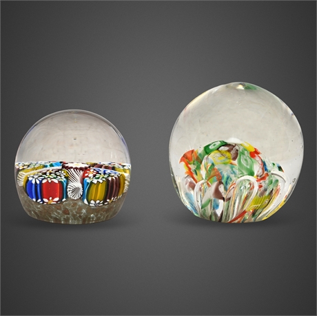 Vintage Millefiori & Ribbon-Burst Art Glass Paperweight Pair