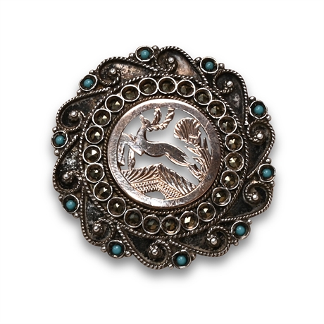 Vintage Bohemian Deer Turquoise & Marcasite Pendant/Brooch