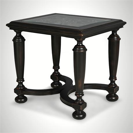 Theodore Alexander Ebonized Accent Table With Removable Beveled Glass Top