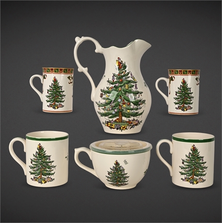 Spode Christmas Tree Drinkware Set – 6‑Pc, Pitcher, Covered Cup & Four Mugs