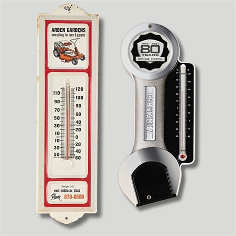 Arden Gardens & Craftsman 80th Anniversary Advertising Thermometers, Pair