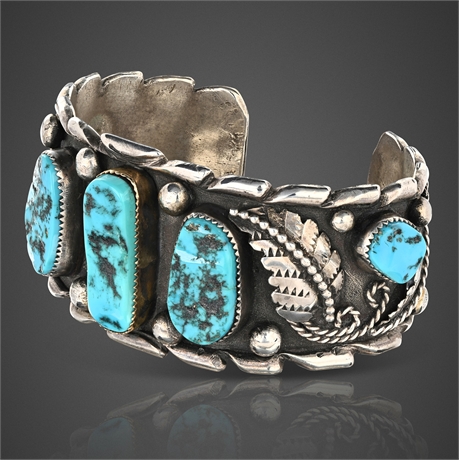Navajo Sterling Silver Kingman Turquoise Cuff Bracelet 56g