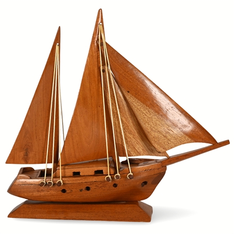 Hand-Carved Wooden Sailboat Model with Double Sails