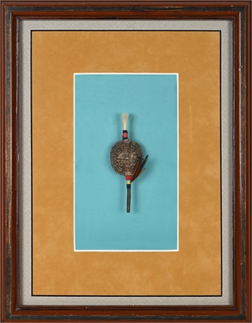 Wendell E. Smith Framed Turtle Shell Shaker Rattle, Beads & Feathers