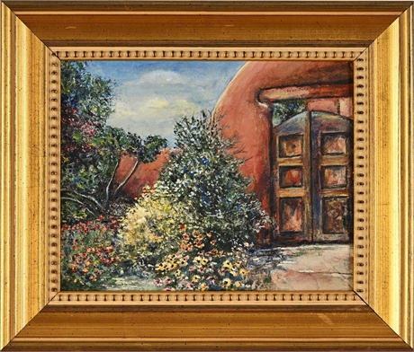 Patricia B. New Mexico Adobe Garden & Carved Door, Mixed Media Painting