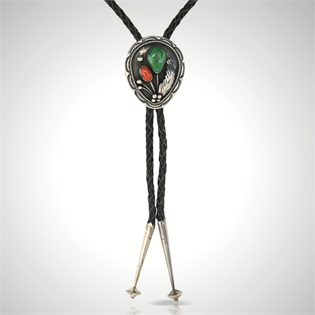 Vintage Navajo Sterling Silver Turquoise & Coral Bolo Tie – Signed