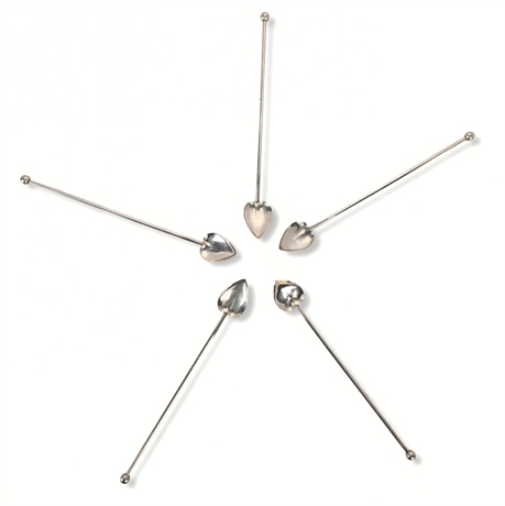 Set of 5 Sterling Silver Heart-Shaped Cocktail Stirrers – 7½"