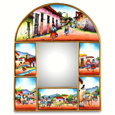 Hand-Painted Peruvian Reverse Glass Mirror – Andean Village Scenes