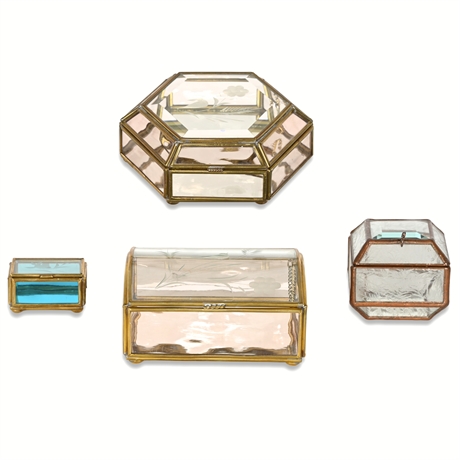 Vintage Stained Glass Jewelry Boxes with Brass Trim