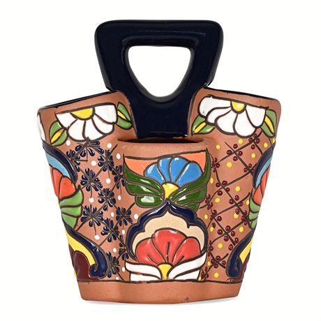 Talavera Hand-Painted Mexican Ceramic Bottle Caddy with Cobalt Handle
