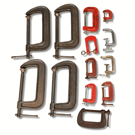 Lot of 13 Vintage C-Clamps – 1" to 6", USA & Imports