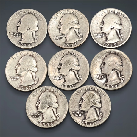 1934 - 1941 (8) Sequential Washington Silver Quarters