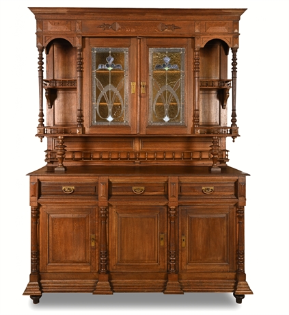 Antique Oak English Hunt Cabinet w/ Stained Glass & Brass Hardware