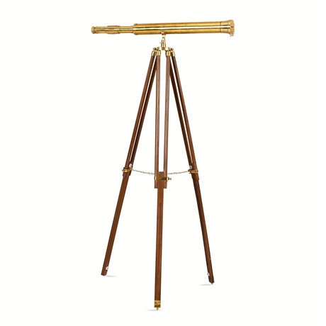 Brass Library Telescope on Mahogany Tripod Stand, Decorative
