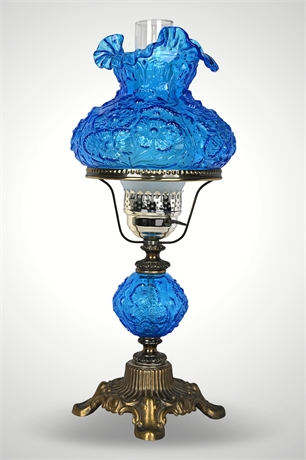 Fenton Poppy Blue Glass Hurricane Lamp — 3-Way, 20.5", Fluted Base