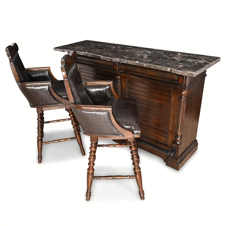 Classic Stone-Top Bar with Storage & Two Swivel Bar Stools